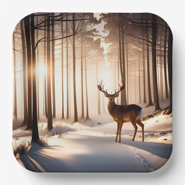 Big Buck In Winter Forest Paper Plate (Front)