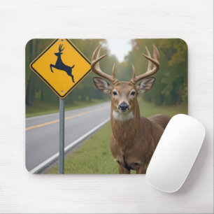 Big Buck Posing By a Deer Crossing Sign Mouse Mat