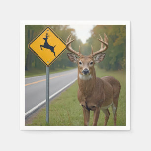 Big Buck Posing By a Deer Crossing Sign Napkin