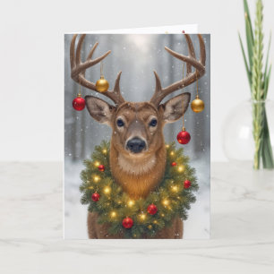 Big Buck Wearing a Glowing Christmas Wreath Card