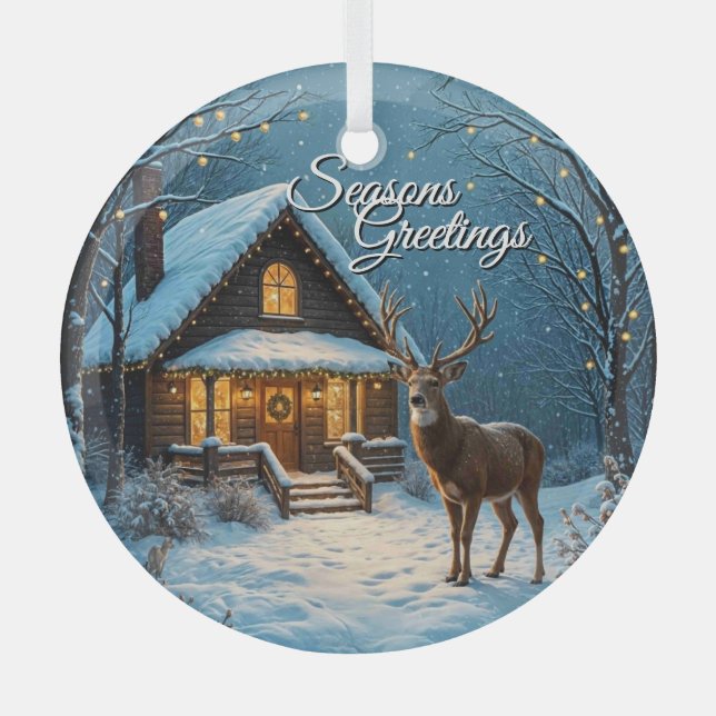  Big Buck's Snowy Christmas Visit Custom Script Glass Tree Decoration (Front)