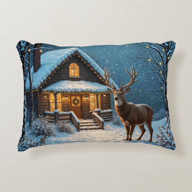  Big Buck's Snowy Christmas Visit Decorative Cushion (Front)