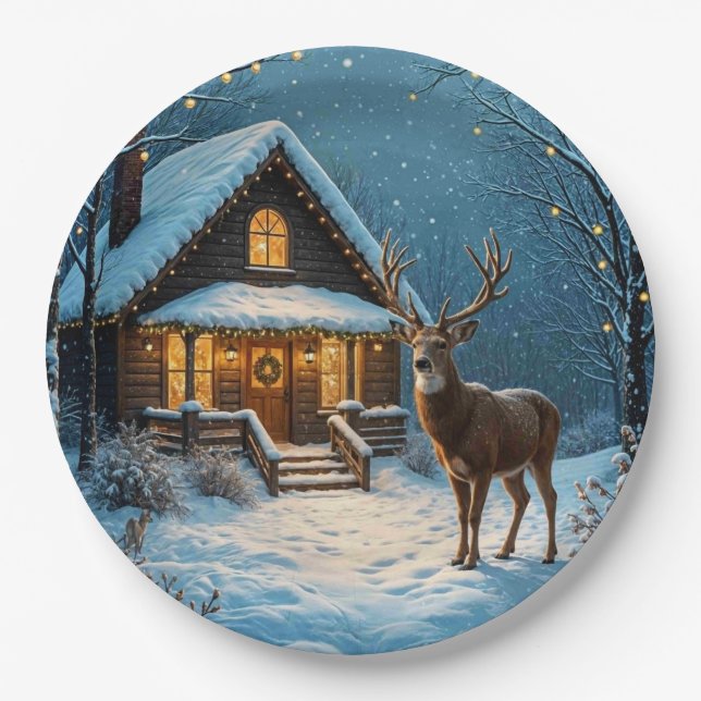  Big Buck's Snowy Christmas Visit Paper Plate (Front)
