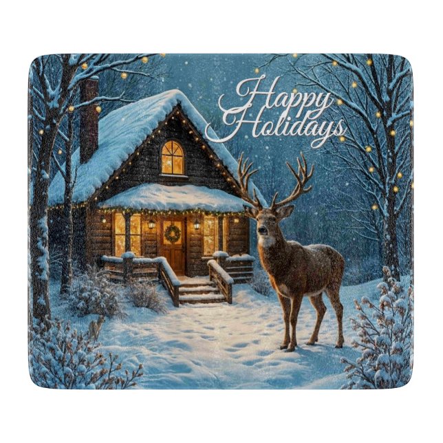  Big Buck's Snowy Christmas Visit Personal Script Cutting Board (Front)