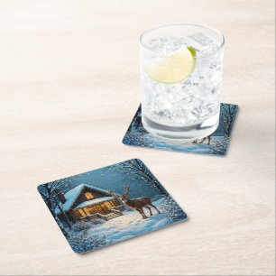 Big Buck's Snowy Christmas Visit Square Paper Coaster