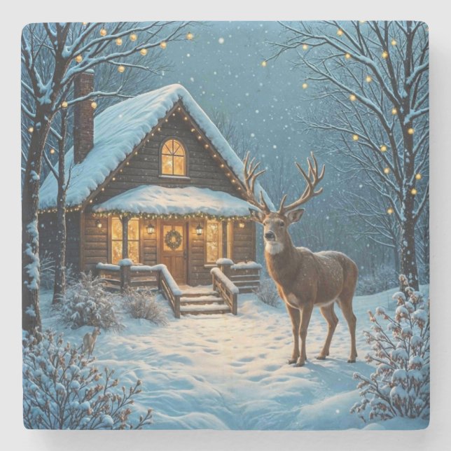  Big Buck's Snowy Christmas Visit Stone Coaster (Front)
