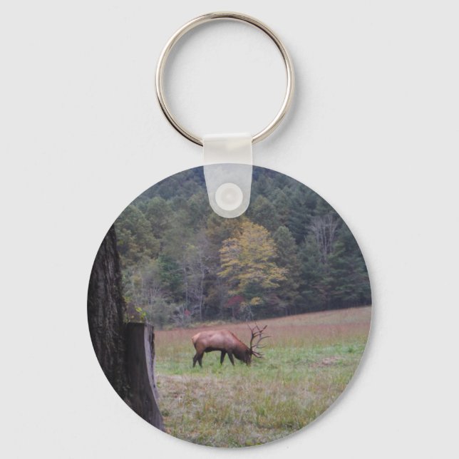 Big Bull Elk in the Autumn purple grass Key Ring (Front)