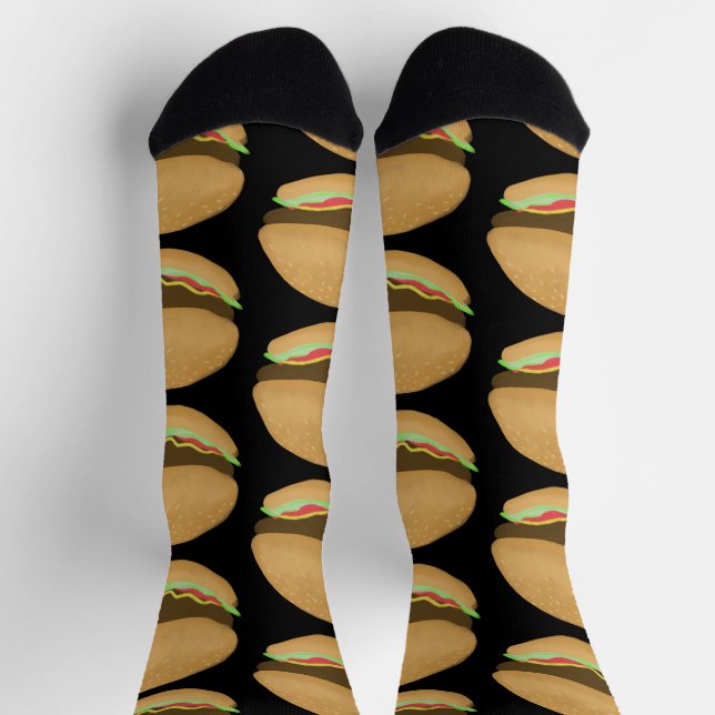 Big Burgers Hamburgers Fun Food Pattern Black Socks (Top)
