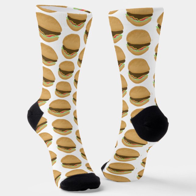 Big Burgers Hamburgers Fun Food Pattern White Socks (Angled)