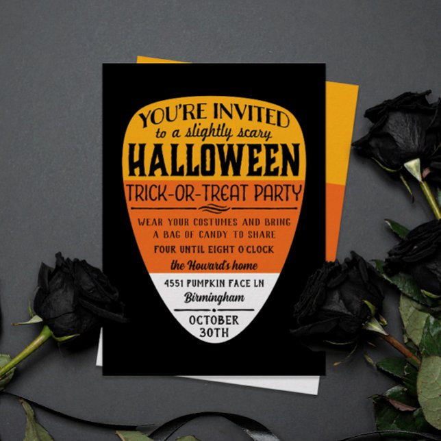 Big Candy Corn Halloween Party Invitation (slightly scary candy corn themed halloween party invitation for kid-friendly parties)
