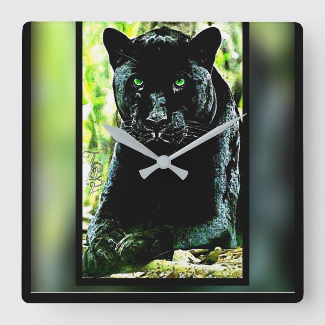 Big Cat Models: Green Eyed Black Panther Square Wall Clock (Front)