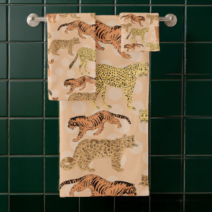 Big Cats On Peach Polka Dots Bath Towel Set