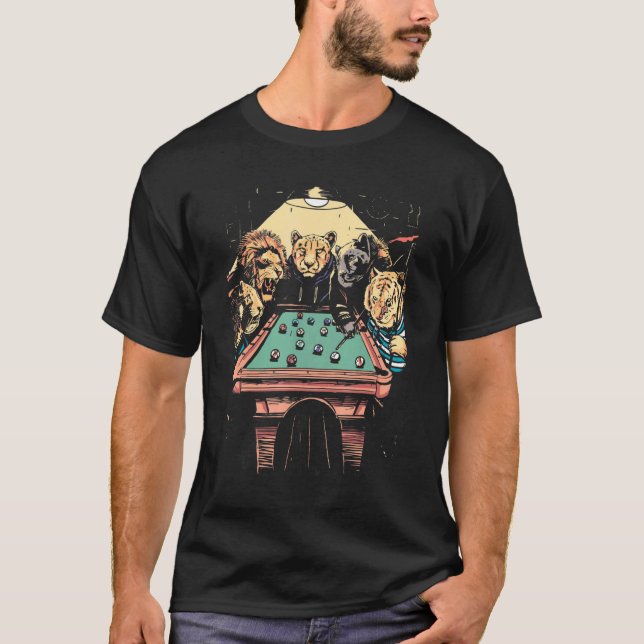 Big Cats Playing Pool Billiard 8 Ball Animal T-Shirt (Front)
