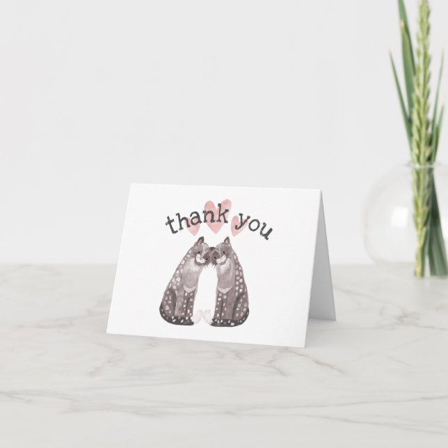 Big Cats Snuggle with Hearts Pink and Grey Thank You Card (Front)