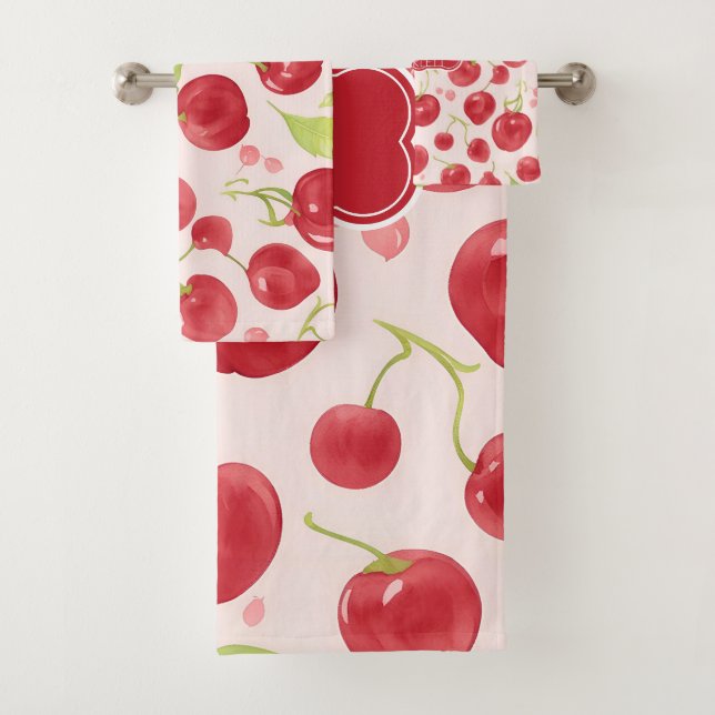 Big Cherry Watercolor Colourful Personaliz Pattern Bath Towel Set (Insitu)