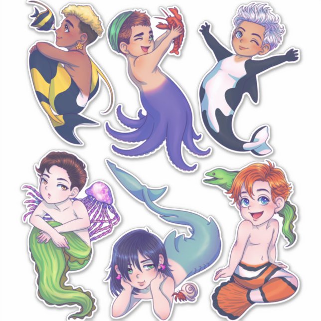 BIG CHIBI Merman Mermaid Sea Creatures Stickers (Front)