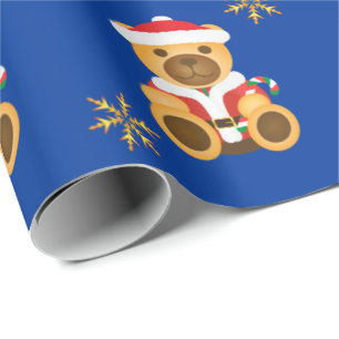 Big Christmas Teddy Bears & Gold Glitter Stars Wrapping Paper