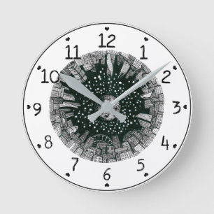 Big city under the moon black&white  round clock