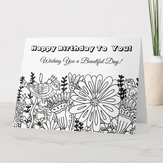 Big Colour Me Birthday Card Whimsical Birds Flower (Front)