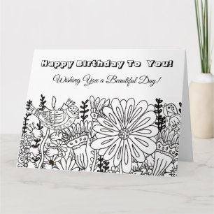 Big Colour Me Birthday Card Whimsical Birds Flower