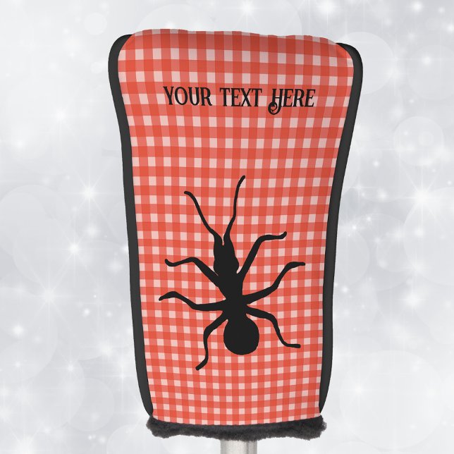 Big Creepy black Ant on Tablecloth Picnic Plaid Golf Head Cover (Big black ant silhouette on red white plaid picnic tablecloth pattern on golf club cover.)