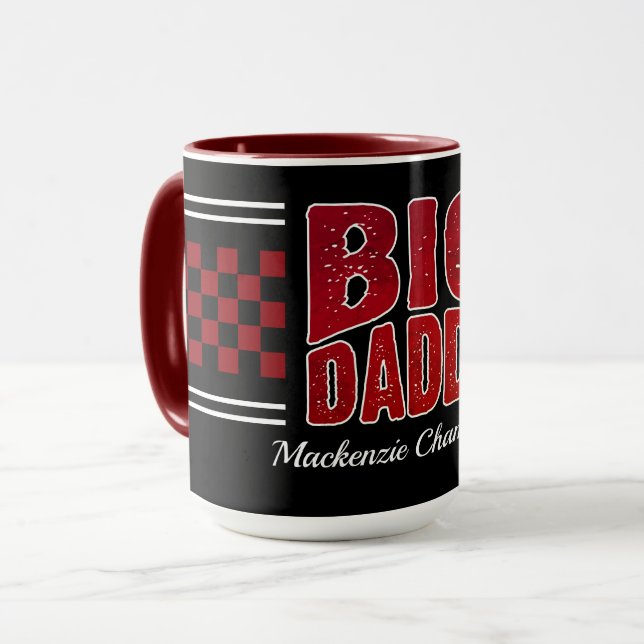 Big Daddy with Dark Red Checkers and Name on Black Mug (Front Left)