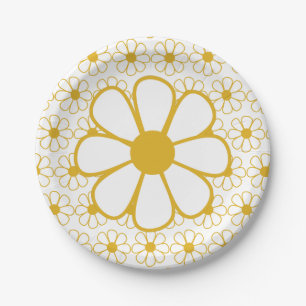 Big Daisy Cute Floral Pattern Mustard and White Paper Plate