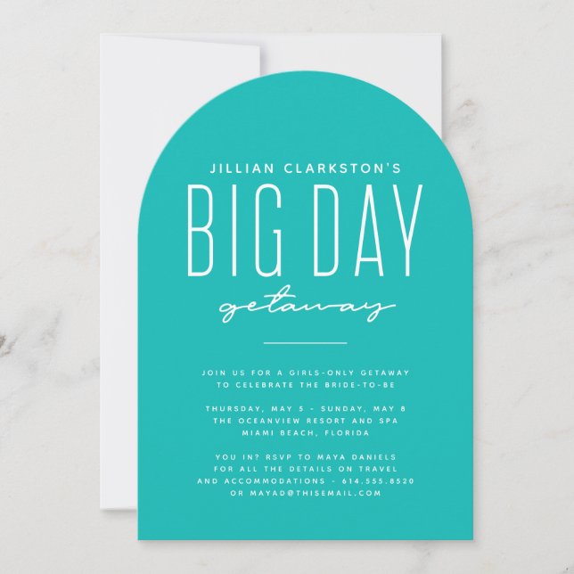 Big day getaway bachelorette party teal invitation (Front)