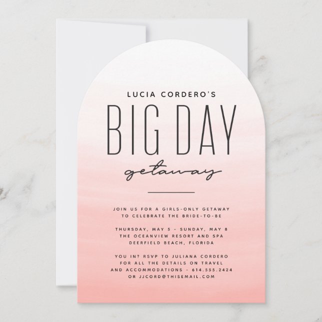 Big day getaway destination bachelorette party invitation (Front)
