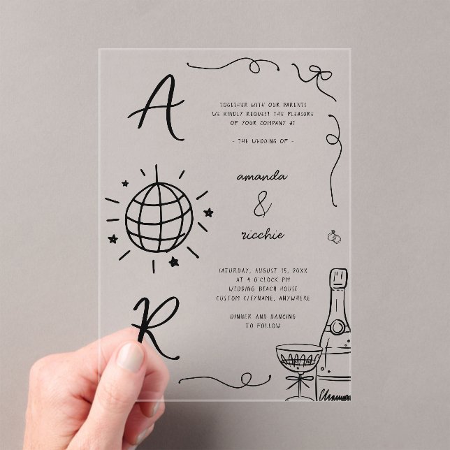 Big Disco Monogram French Fun Hand Drawn Wedding Acrylic Invitations (Insitu (Handheld))