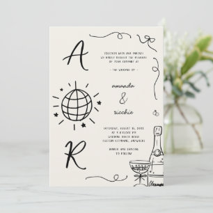 Big Disco Monogram French Fun Hand Drawn Wedding Invitation