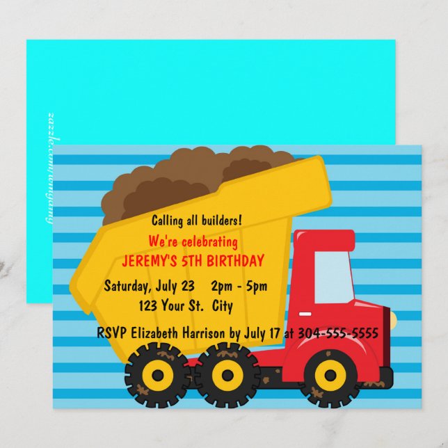 Big Dump Truck Birthday Invitation (Front/Back)