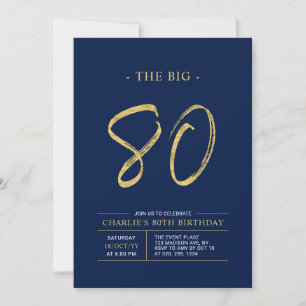 Big Eighty   Gold & Navy Blue 80th Birthday Party Invitation