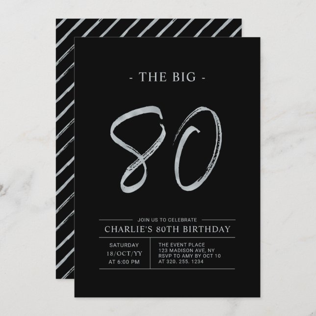 Big Eighty | Silver & Black 80th Birthday Party Invitation (Front/Back)