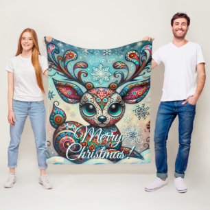 Big Eye Christmas Reindeer Folk Art Personalised Fleece Blanket