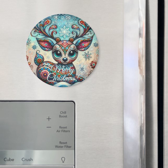 Big Eye Christmas Reindeer Folk Art Personalised Magnet (In Situ (Fridge))