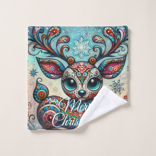 Big Eye Christmas Reindeer Folk Art Personalised Wash Cloth (Wash Cloth)