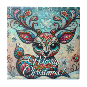 Big Eye Christmas Reindeer Folk Art Personalized Tile