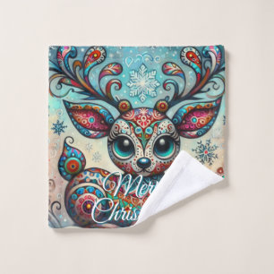 Big Eye Christmas Reindeer Folk Art Personalized Wash Cloth