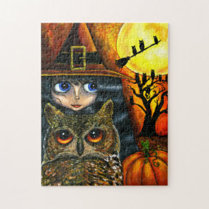 Big Eye Girl Doll Halloween Witch Owls Jigsaw Puzzle