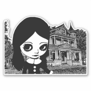 Big eye Goth girl Haunted house Original art 