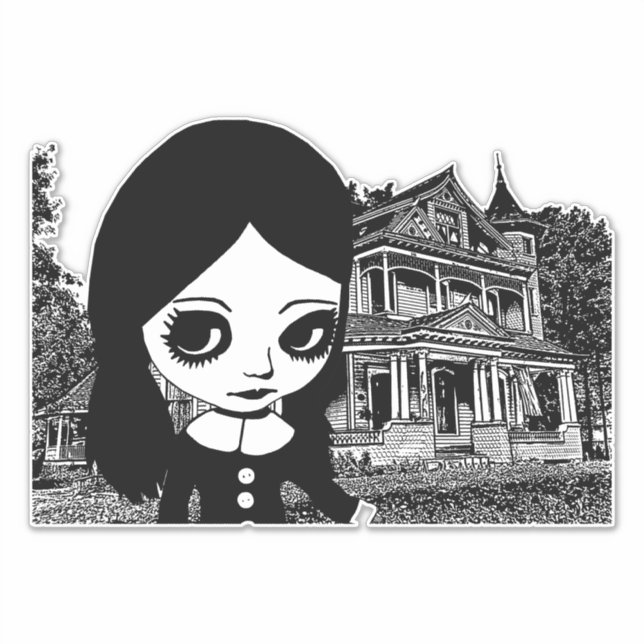 Big eye Goth girl Haunted house Original art   (Front)
