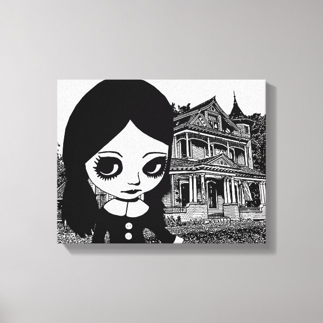 Big eye Goth girl Haunted house Original art  Canvas Print (Front)