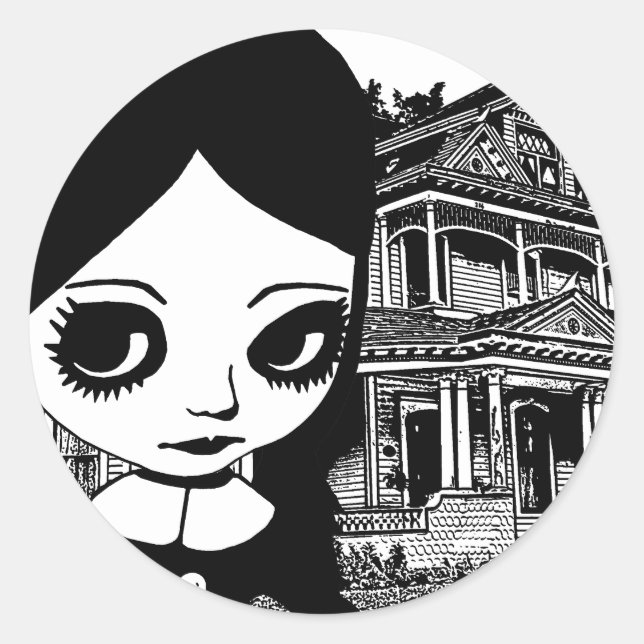 Big eye Goth girl Haunted house Original art  Classic Round Sticker (Front)