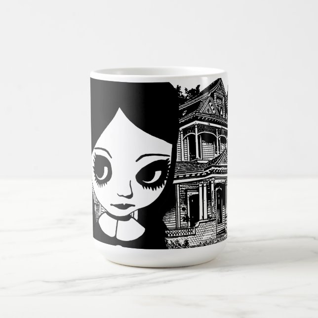 Big eye Goth girl Haunted house Original art   Coffee Mug (Center)
