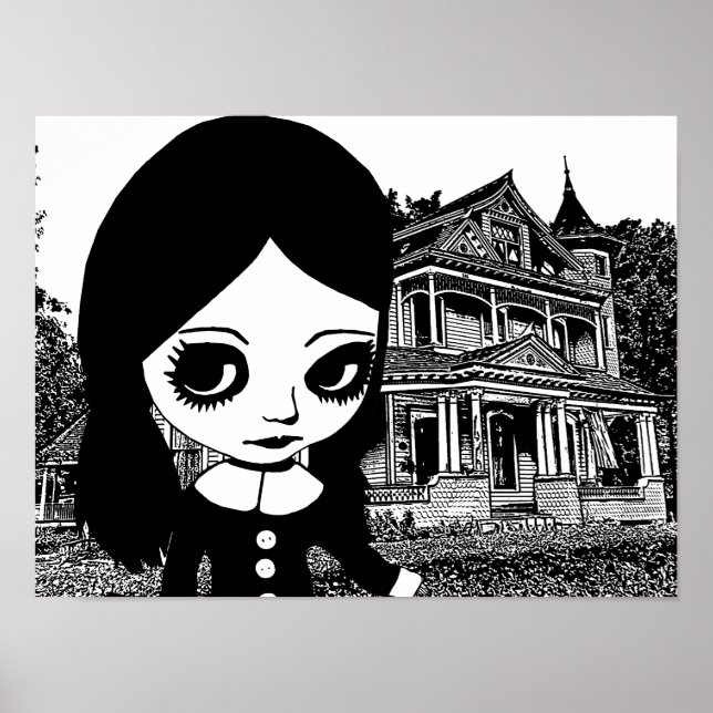 Big eye Goth girl Haunted house Original art Poster (Front)