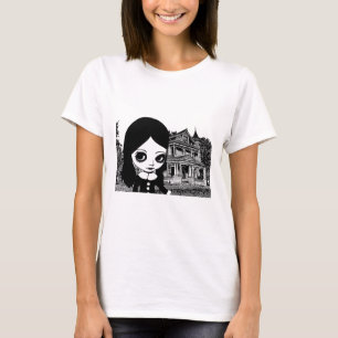 Big eye Goth girl Haunted house Original art   T-Shirt
