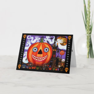 Big Eye Grinning Halloween Pumpkin Black Cats Card