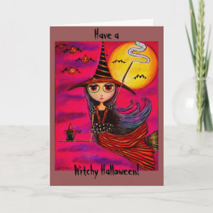 Big Eye Halloween Witch Girl in Stripes Black Cat Card