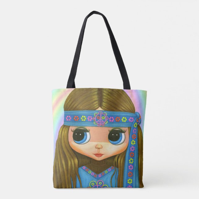 Big Eye Hippie Chick Girl Peace Sign '60s '70s Tote Bag (Back)